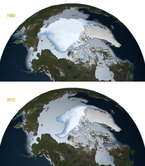 Una imagen muestra la brutal diferencia en el derretimiento del hielo ártico en comparación con 1980 y el 2012 según datos exploratorios satelitales de la NSA.