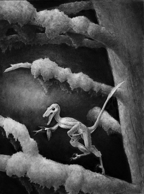 Ilustración en blanco y negro de un dinosaurio.