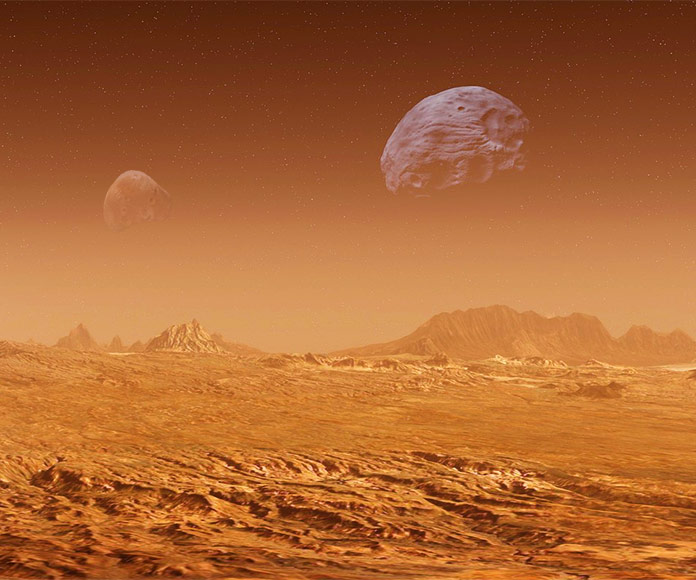 Reproducción de las lunas de Marte, Fobos y Deimos, vistas desde la superficie marciana.