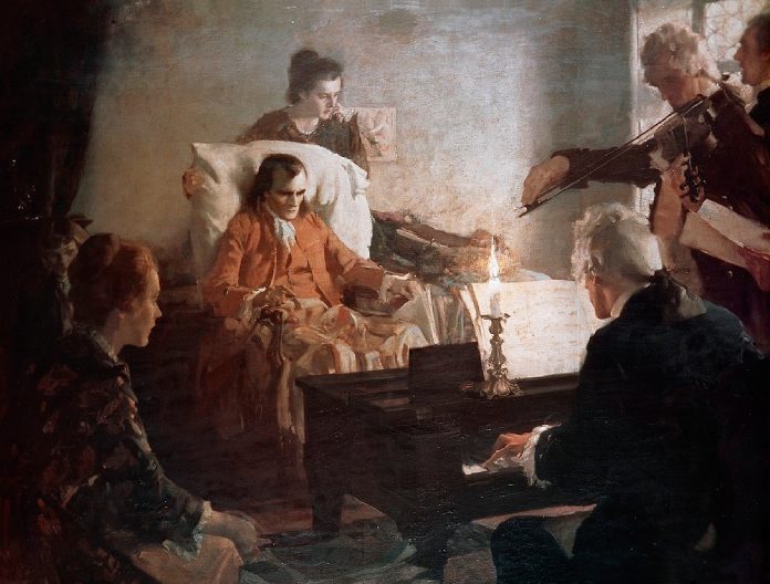 Un cuadro de Chas. E. Cámaras que muestra a los grandes compositores clásicos tocando en la "muerte de Mozart"