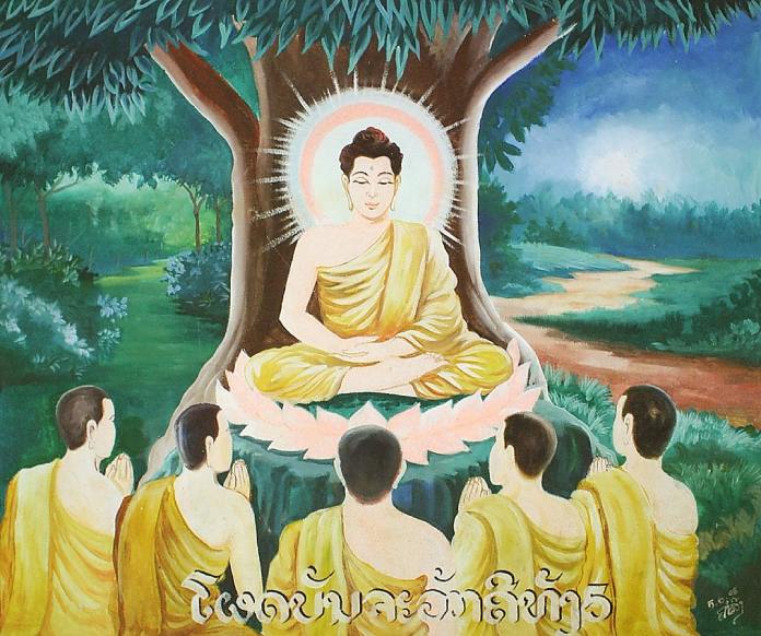 Buda enseñándoles a sus seguidores qué significa el Dharma.